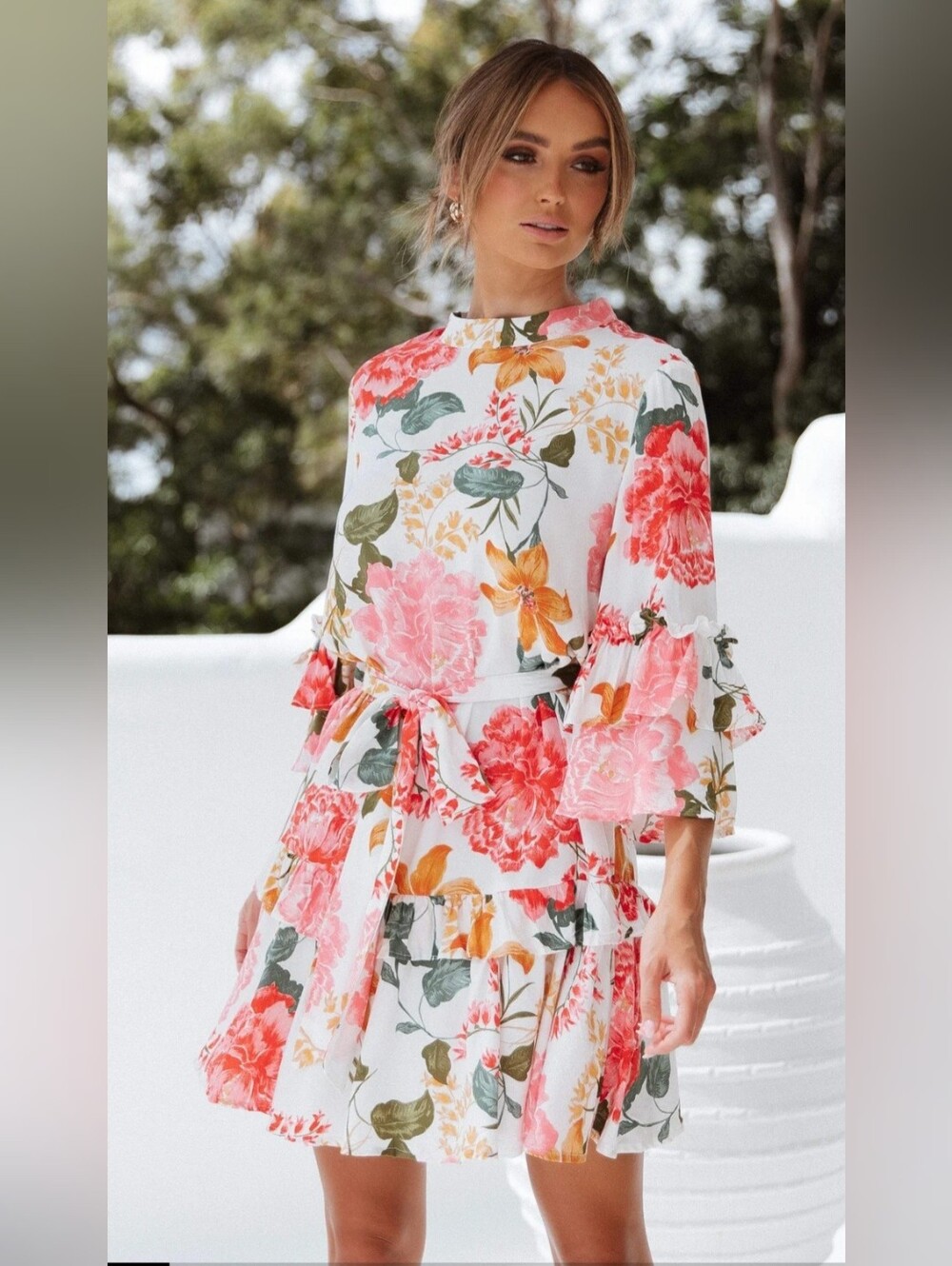 Petal & Pup White Peta Floral Tiered Mini Dress Ruffle Bell Sleeve Size L